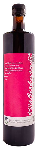 1 Liter Kürbiskernöl vom Stelzerhof Bild von einer Flasche Kürbiskernöl vom Stelzerhof